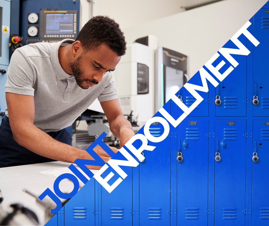 A photo of a black man leaning over a desk working on something mechanical; a row of blue lockers at the bottom. "Joint Enrollment" in text
