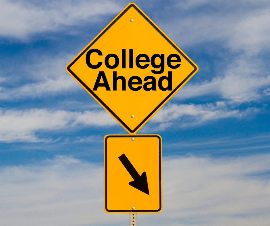 A photo of a diamond direction sign that says "College Ahead" with an arrow pointing